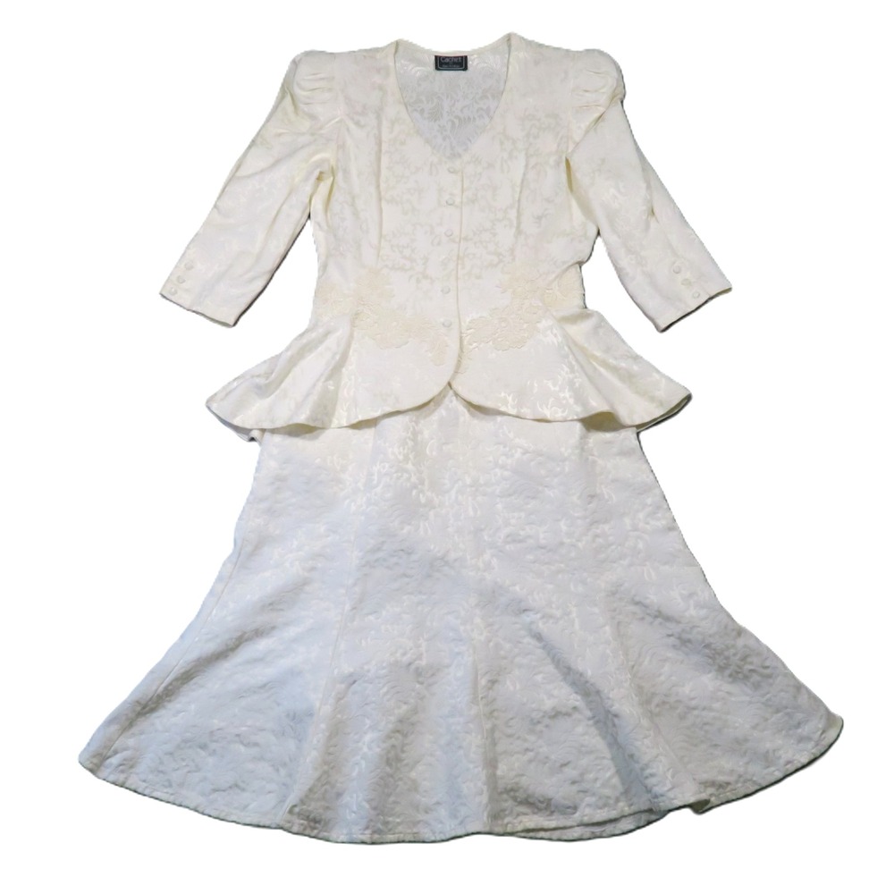 Cachet Bari Protas Skirt Jacket Set 11/12 Ivory Damask Jacquard Vintage Wedding
